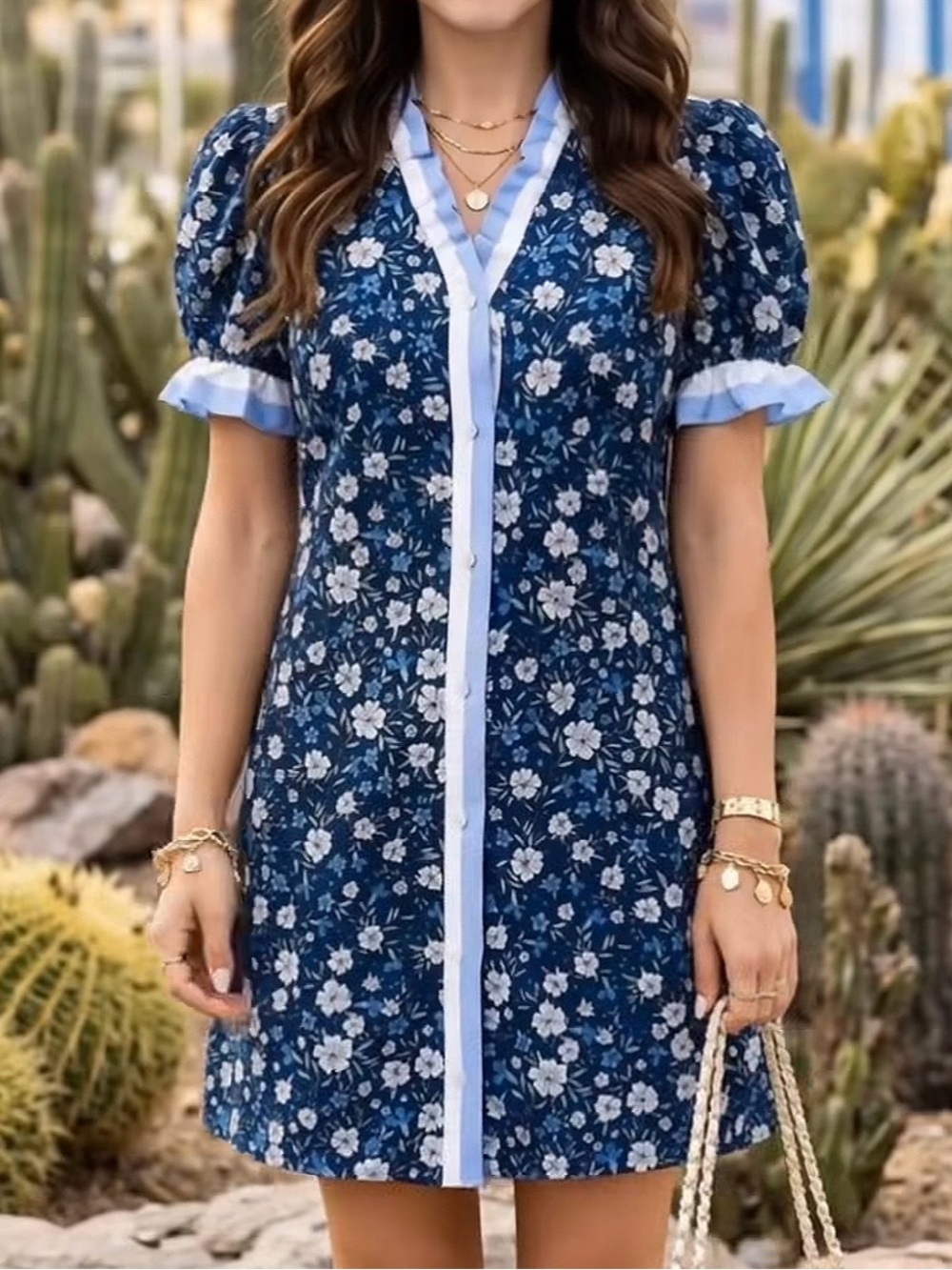 Blue Floral Button-Front Maxi Dress with Puff Sleeves Size XL
